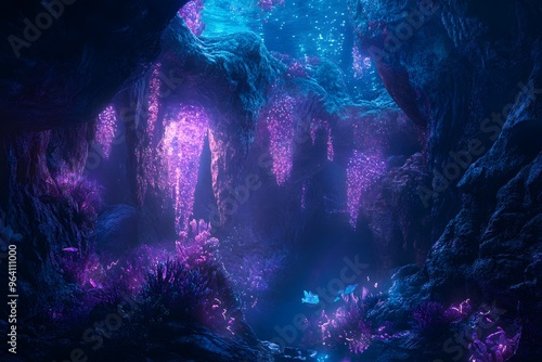Underwater cavern with walls covered in glowing, iridescent coral and bioluminescent plants