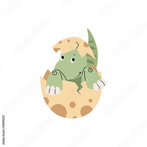Cute cartoon dinosaur in eggshell on white background. Ancient lizard in flat style. Baby dino illustration for design of clothes, wallpaper, greeting cards, etc