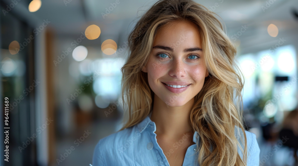 A portrait of a smiling woman in business clothes stands against the backdrop of a modern, bright office. Lifestyle. A portrait of a smiling woman in business clothes stands against the backdrop of a modern, bright office. Lifestyle.