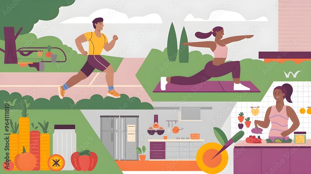 Dynamic illustration showcasing fitness, healthy living, and nutritious cooking for a balanced lifestyle. Dynamic illustration showcasing fitness, healthy living, and nutritious cooking for a balanced lifestyle.