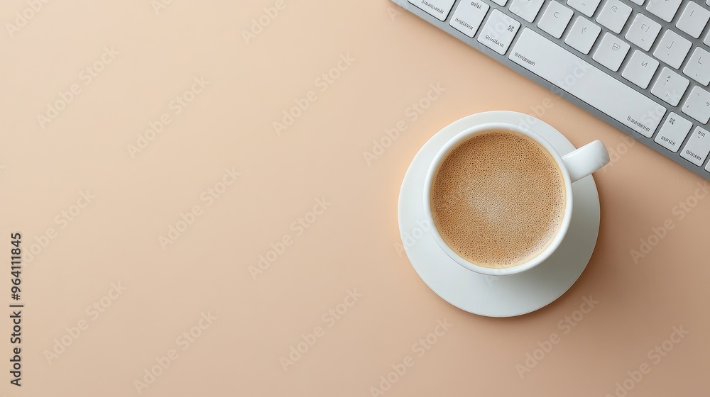 Top view of a cup of coffee with a keyboard and a cup coaster, suggesting a productive workday. No logo, no people. Top view of a cup of coffee with a keyboard and a cup coaster, suggesting a productive workday. No logo, no people.