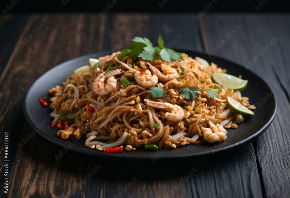 Pad Thai with Shrimp, Cilantro, and Lime on Dark Wooden Background Pad Thai with Shrimp, Cilantro, and Lime on Dark Wooden Background