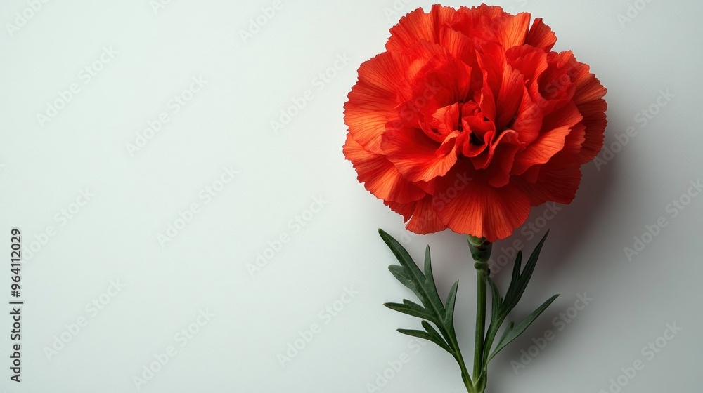 A vibrant red carnation flower with green leaves on a neutral background. A vibrant red carnation flower with green leaves on a neutral background.