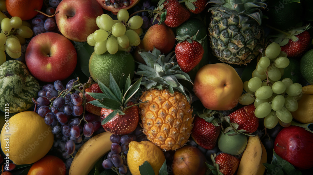 Top view of many different fruits on the table. Various fruits and berries on the table. Fruit, food concept. Top view of many different fruits on the table. Various fruits and berries on the table. Fruit, food concept.