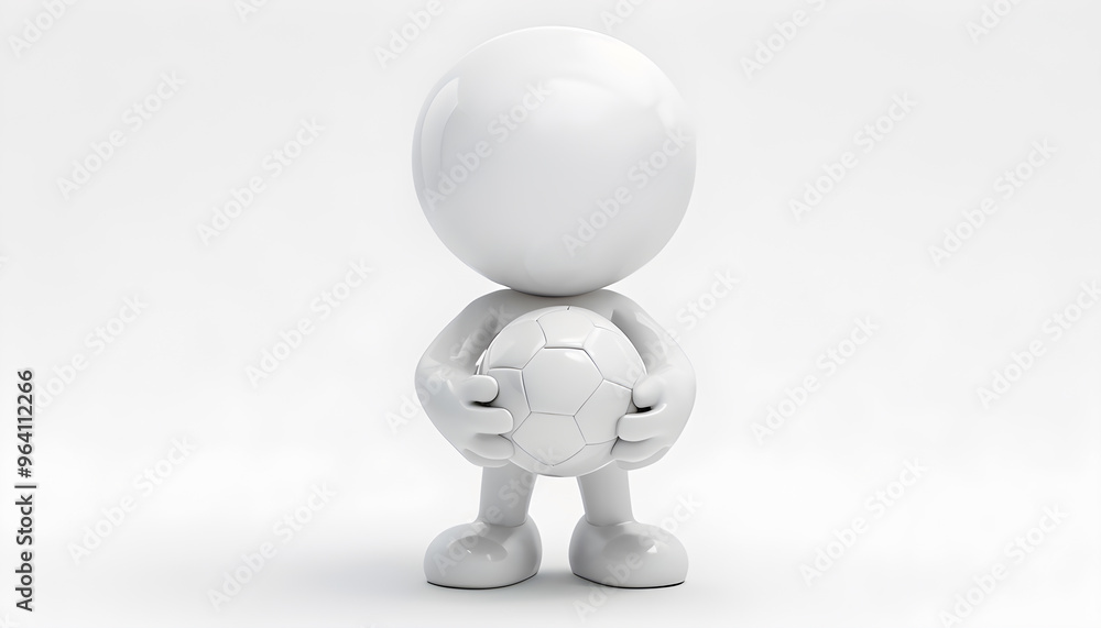 A detailed 3D rendering of a cartoonish white glossy humanoid character holding a soccer ball, standing in a minimalist environment, showcasing simplicity and modern design. A detailed 3D rendering of a cartoonish white glossy humanoid character holding a soccer ball, standing in a minimalist environment, showcasing simplicity and modern design.