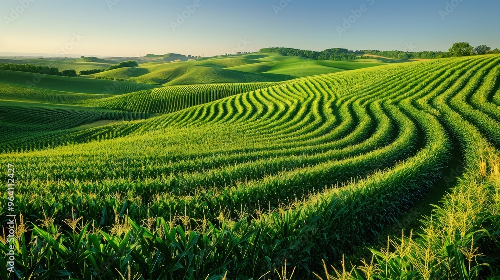 Vast stretches of lush green corn fields spread across rolling hills farmland, with rows of tall cornstalks swaying gently in the breeze under a clear blue sky. Vast stretches of lush green corn fields spread across rolling hills farmland, with rows of tall cornstalks swaying gently in the breeze under a clear blue sky.