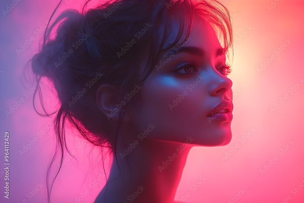 Graceful woman standing, with a soft neon glow Graceful woman standing, with a soft neon glow