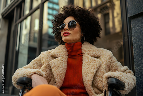 Chic City Winter: Fashionable Woman in Wheelchair Showcases Urban Style photo