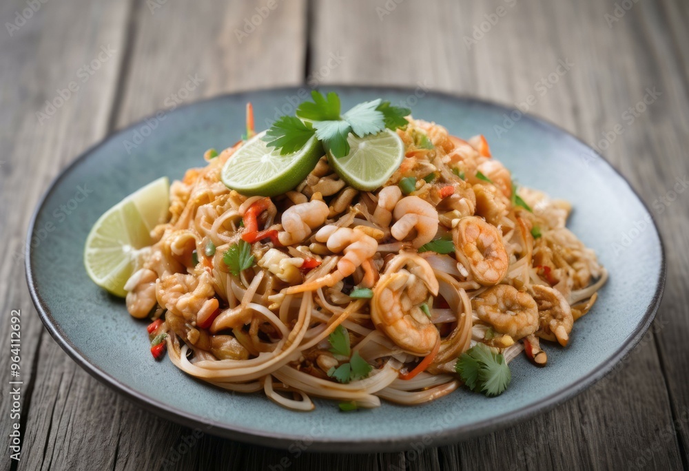 Pad Thai with Cilantro, Lime, Rustic Wooden Table, Blurred Background Pad Thai with Cilantro, Lime, Rustic Wooden Table, Blurred Background