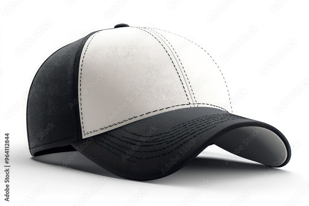 A black and white baseball cap isolated on white background. A black and white baseball cap isolated on white background.