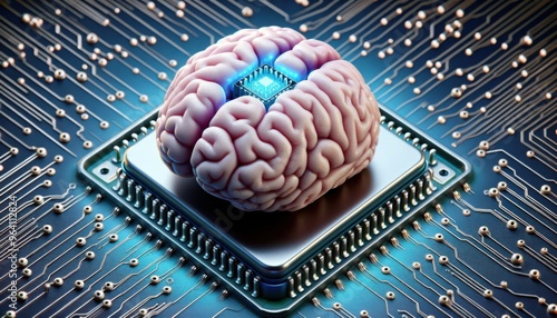 Brain on a microchip amidst circuitry – Concept for artificial intelligence, machine learning, computing power, and energy consumption photo