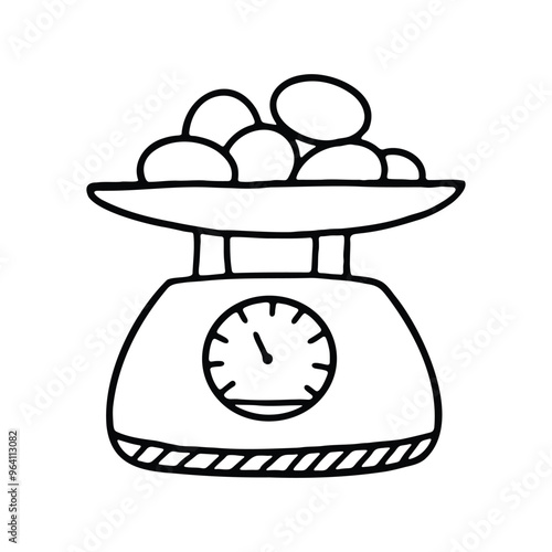illustration of a vintage kitchen scale with a bowl of eggs on top,