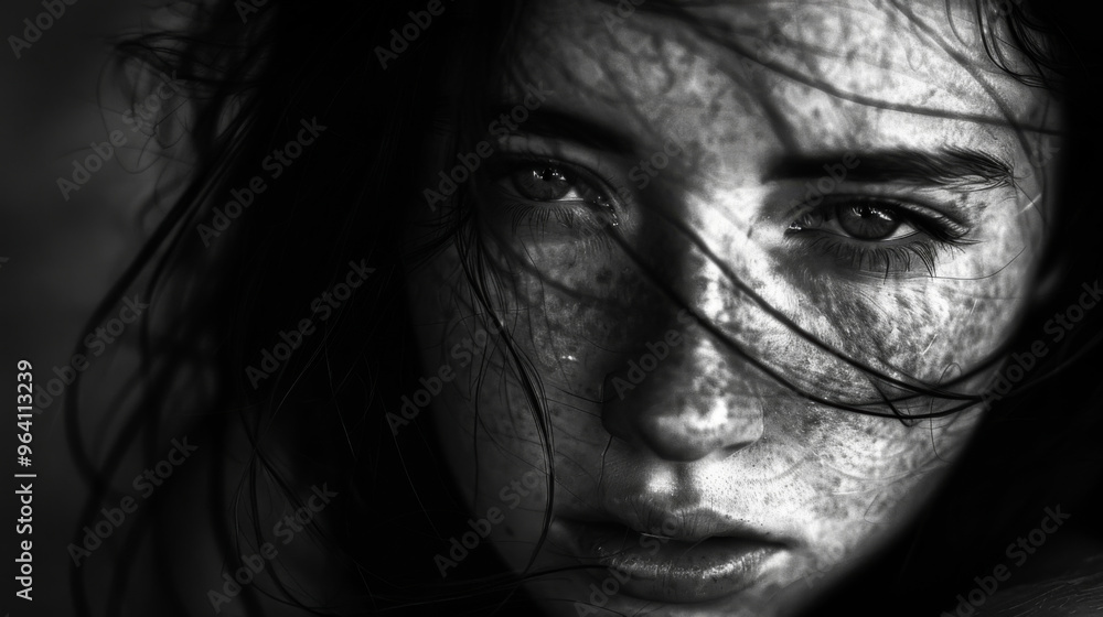 Close-up of a beautiful woman with flowing hair on a plain background. Black and white photography. Beauty concept. Lifestyle. Close-up of a beautiful woman with flowing hair on a plain background. Black and white photography. Beauty concept. Lifestyle.