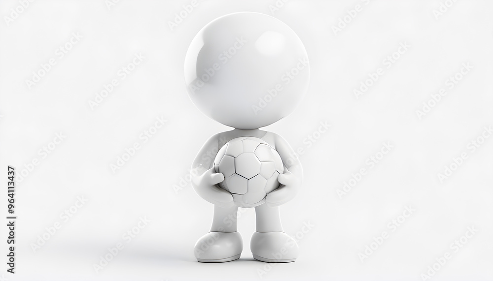 A detailed 3D rendering of a cartoonish white glossy humanoid character holding a soccer ball, standing in a minimalist environment, showcasing simplicity and modern design. A detailed 3D rendering of a cartoonish white glossy humanoid character holding a soccer ball, standing in a minimalist environment, showcasing simplicity and modern design.