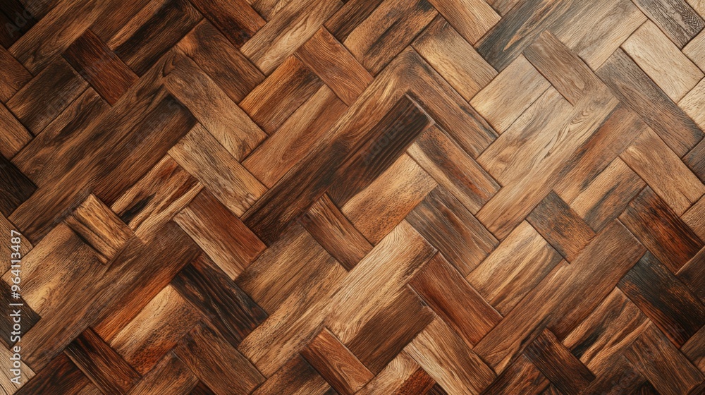 Herringbone patterned wooden flooring showcases a variety of natural shades and unique textures Herringbone patterned wooden flooring showcases a variety of natural shades and unique textures