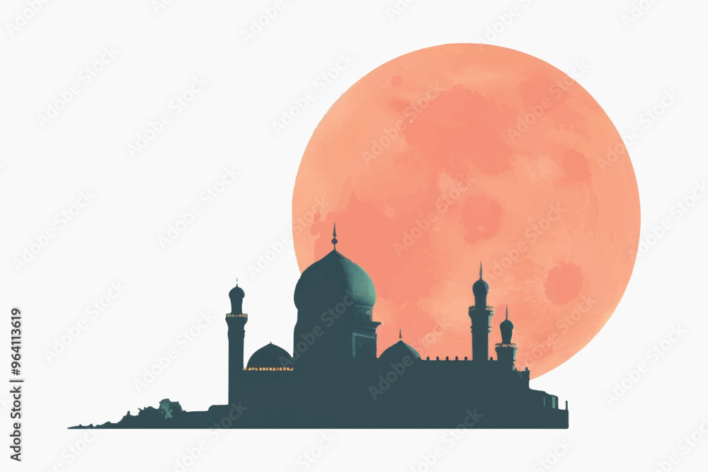 Obraz premium Mosque silhouette under red moon