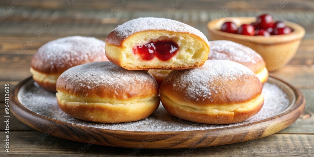 Delicious Berliner Pfannkuchen dessert, filled with jam, fried to perfection Delicious Berliner Pfannkuchen dessert, filled with jam, fried to perfection