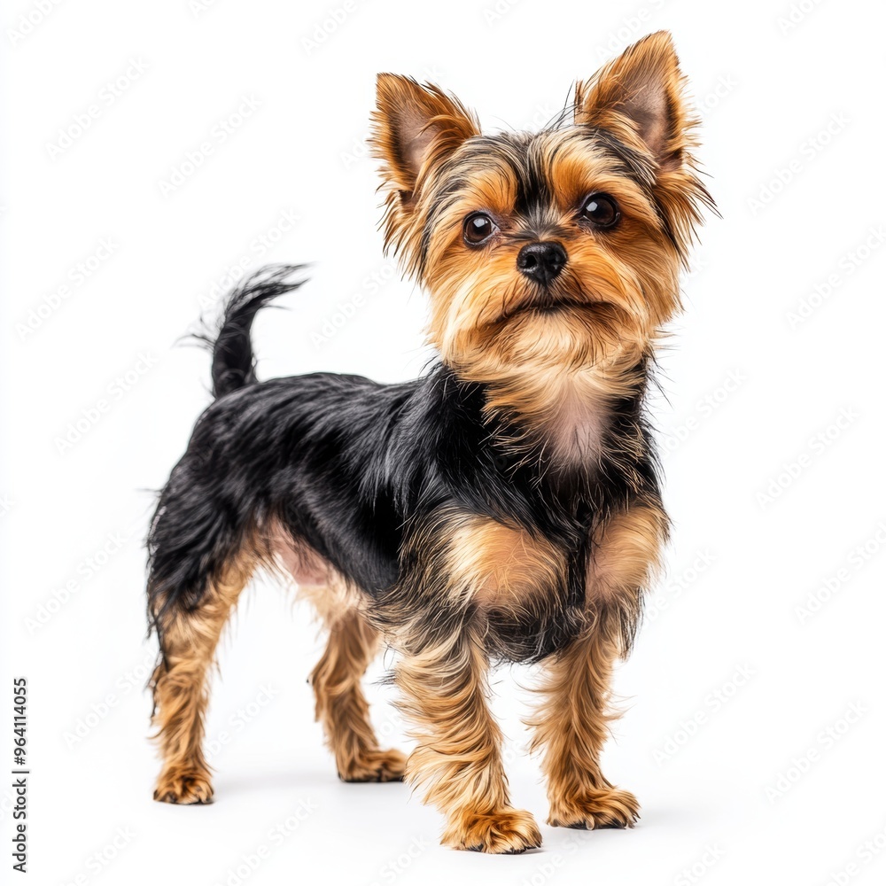A small Yorkshire Terrier stands confidently against a white background. A small Yorkshire Terrier stands confidently against a white background.