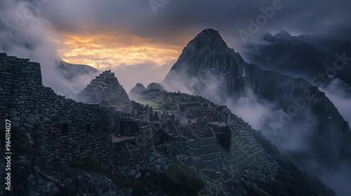 Ancient ruins in the mist at sunrise, with a dramatic sky.