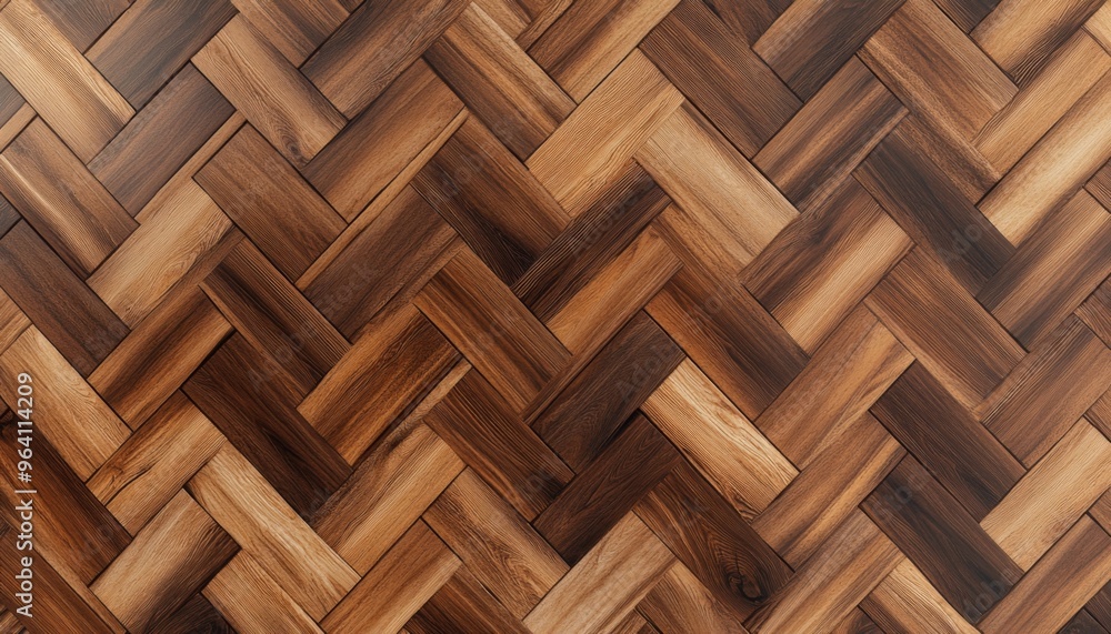 Herringbone patterned wooden flooring showcases a variety of natural shades and unique textures Herringbone patterned wooden flooring showcases a variety of natural shades and unique textures