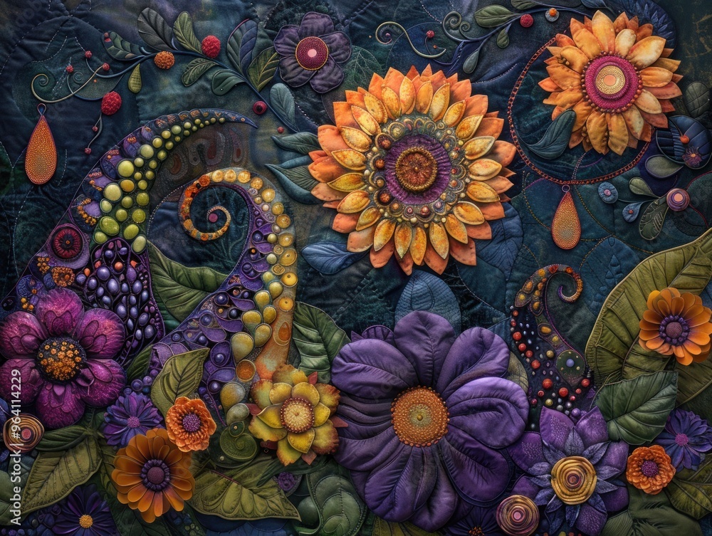 A close-up of a vibrant, colorful quilt depicting an assortment of flowers and leaves A close-up of a vibrant, colorful quilt depicting an assortment of flowers and leaves