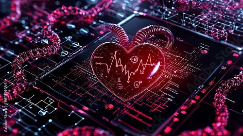 A digital heartbeat glowing with lines of technology, symbolizing health, love, and connection.