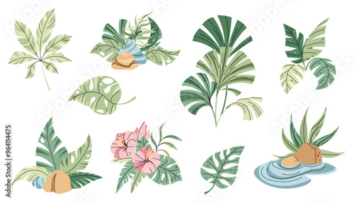 Collection of tropical plants, flowers and shrubs on white background. Botanical compositions in flat cartoon style. Children s illustration for design of clothes, stickers, wallpapers, greeting cards