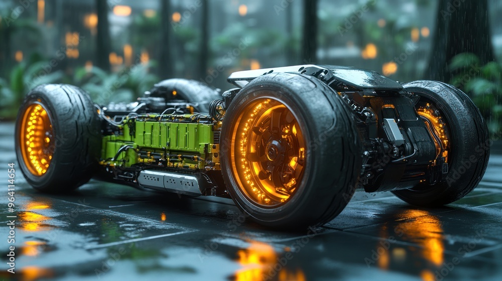 Futuristic vehicle design with glowing wheels in a lush environment. Futuristic vehicle design with glowing wheels in a lush environment.