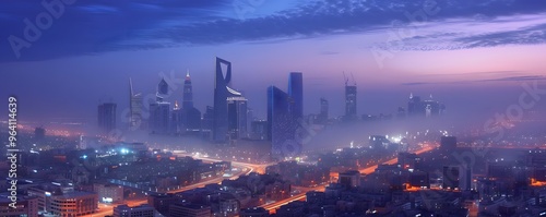 A Cityscape of Skyscrapers in Riyadh, Saudi Arabia, Under a Purple Sky
