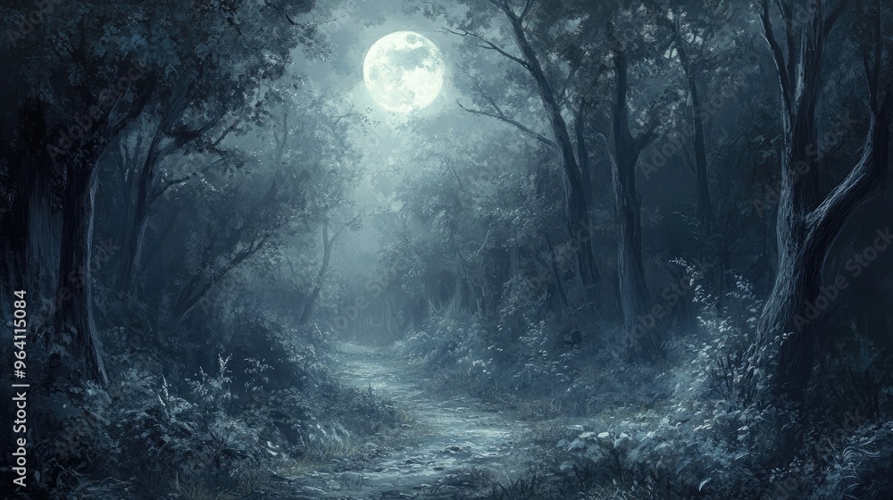 Obraz premium Moonlit pathway through dense forest
