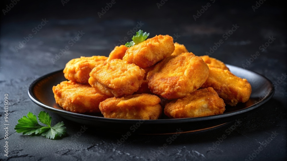 Close up of delicious chicken nuggets in black plate on dark background with copy space Close up of delicious chicken nuggets in black plate on dark background with copy space