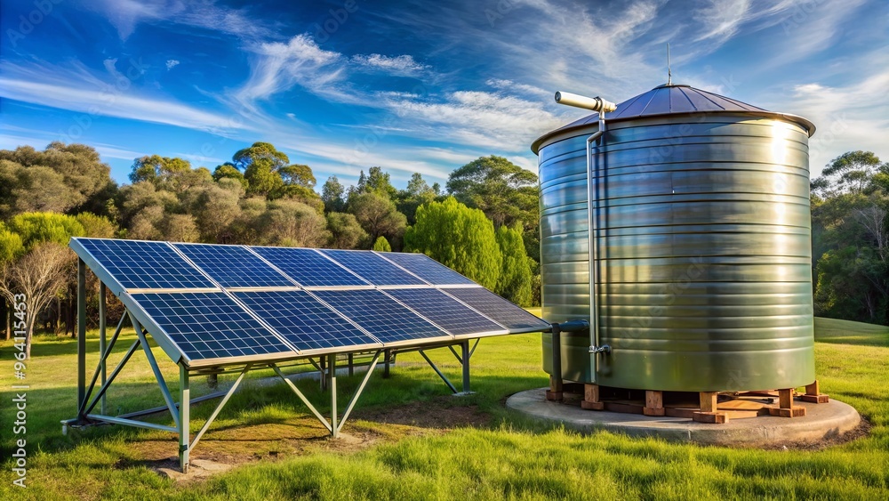 Water tank and solar panels for sustainable off-grid living Stock ... - Water Feature Off-Grid Living With Renewable Energy