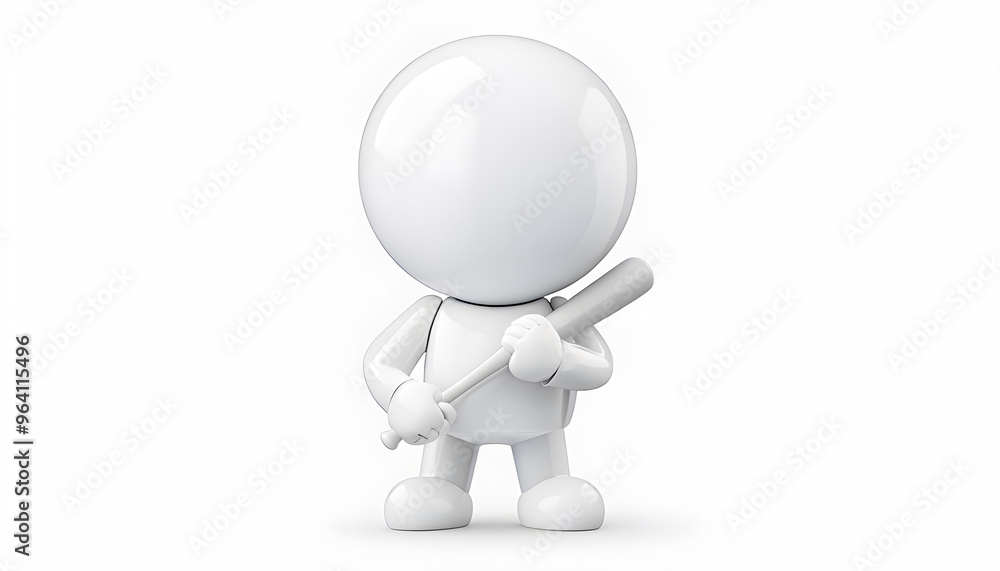 A 3D rendering of a cartoonish white glossy humanoid character holding a baseball bat, positioned in a minimalist environment, highlighting modern design and simplicity. A 3D rendering of a cartoonish white glossy humanoid character holding a baseball bat, positioned in a minimalist environment, highlighting modern design and simplicity.