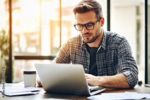 Handsome man in glasses working on laptop, surrounded by scattered papers, wearing casual attire with natural light filling the room and a coffee cup nearby.