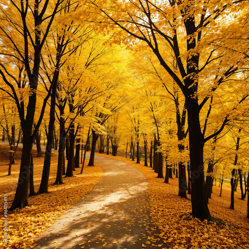 Serene Yellow Autumn Trees Arching Over a Leaf-Covered Path