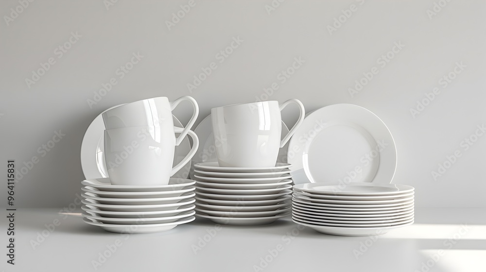 Fototapeta premium A stack of white plates and cups on a table 