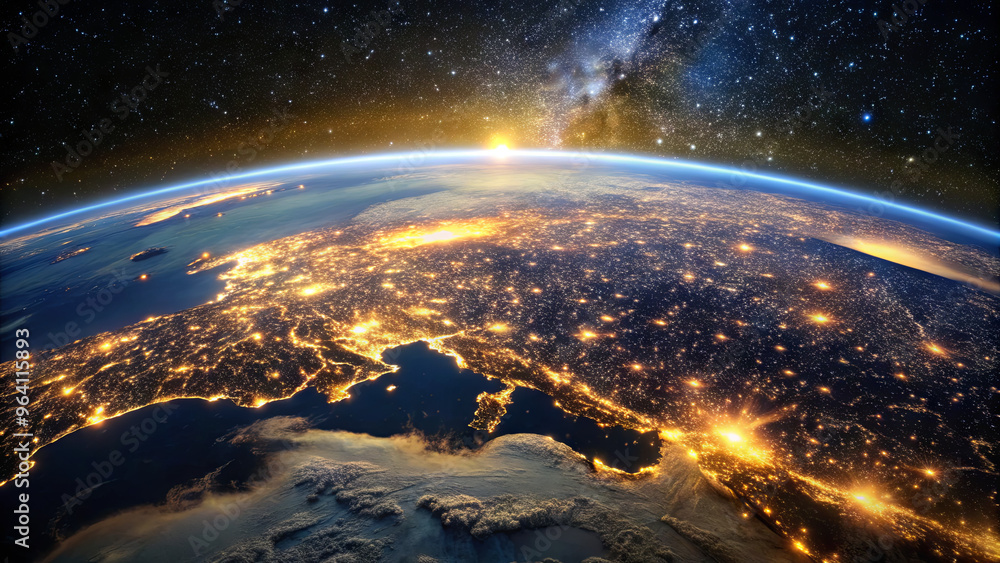 The image showcases a breathtaking view of Earth at night, focusing on illuminated cities across Europe as twilight settles, with stars and the galaxy in the background The image showcases a breathtaking view of Earth at night, focusing on illuminated cities across Europe as twilight settles, with stars and the galaxy in the background