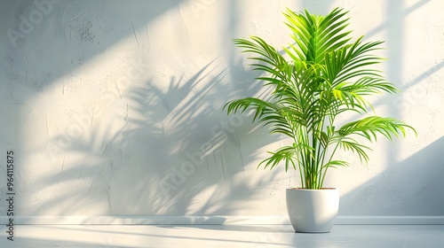 A large palm tree is sitting in a white pot in a room with a white wall 