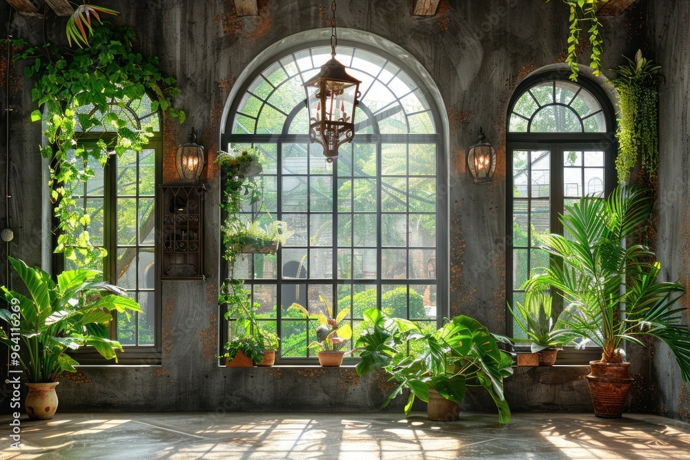 An interior space with arched windows, sunlight streaming in, and a variety of potted plants An interior space with arched windows, sunlight streaming in, and a variety of potted plants