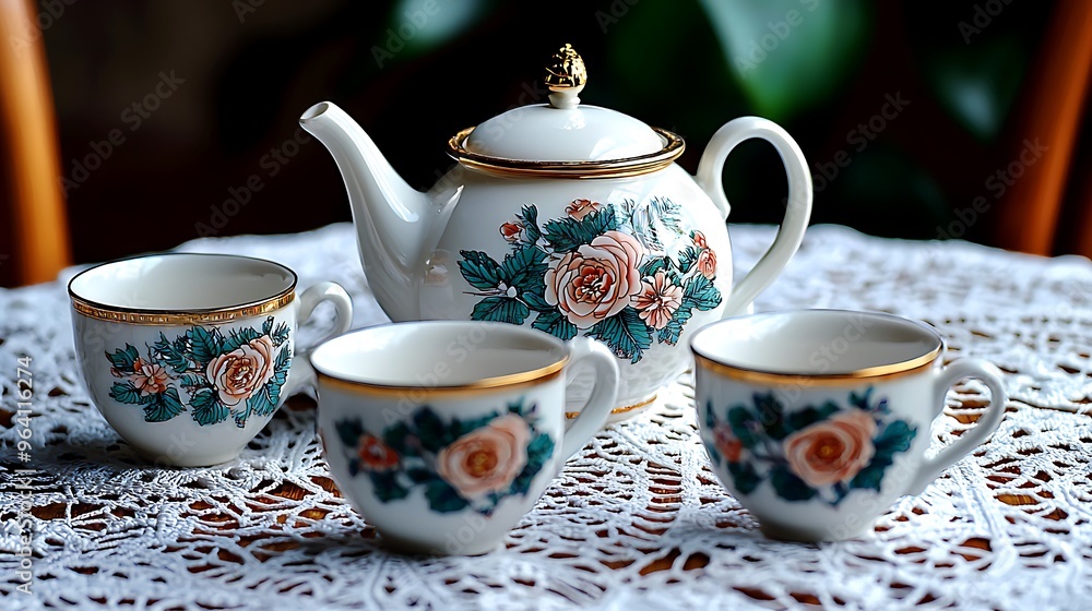 A delicate floral tea set arranged on a white lace doily, evoking timeless elegance.