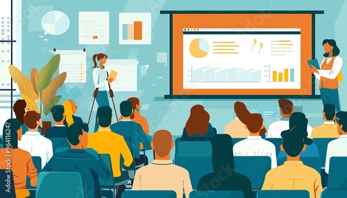 Academic conference, experts sharing research, flat design illustration