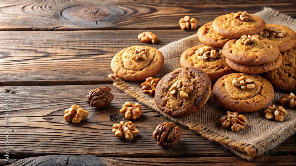 Cookies with walnuts on wooden table, showcasing a healthy food concept in a panoramic view