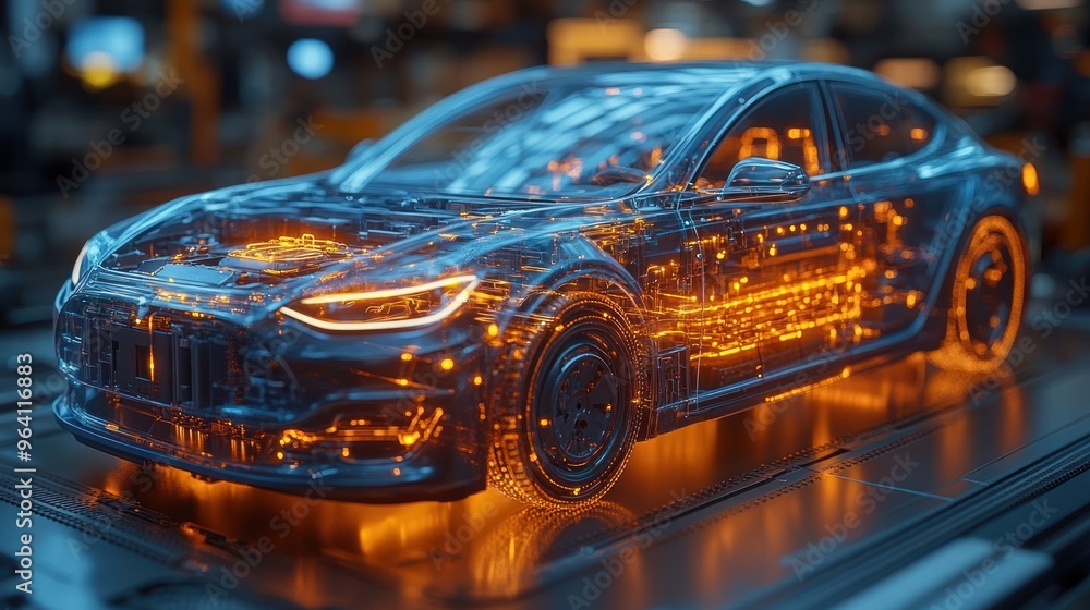 A transparent model of a futuristic electric vehicle with glowing elements. A transparent model of a futuristic electric vehicle with glowing elements.