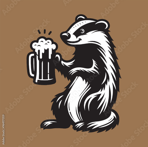 Cute badger with beer. Vector black and white illustration, emblem, logo, print