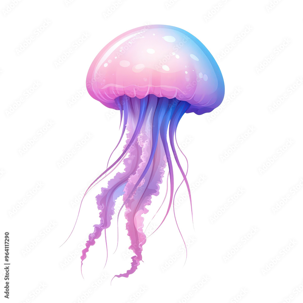 A colorful jellyfish with a gradient of pink and blue hues, gracefully floating in the water, showcasing its delicate tentacles. A colorful jellyfish with a gradient of pink and blue hues, gracefully floating in the water, showcasing its delicate tentacles.