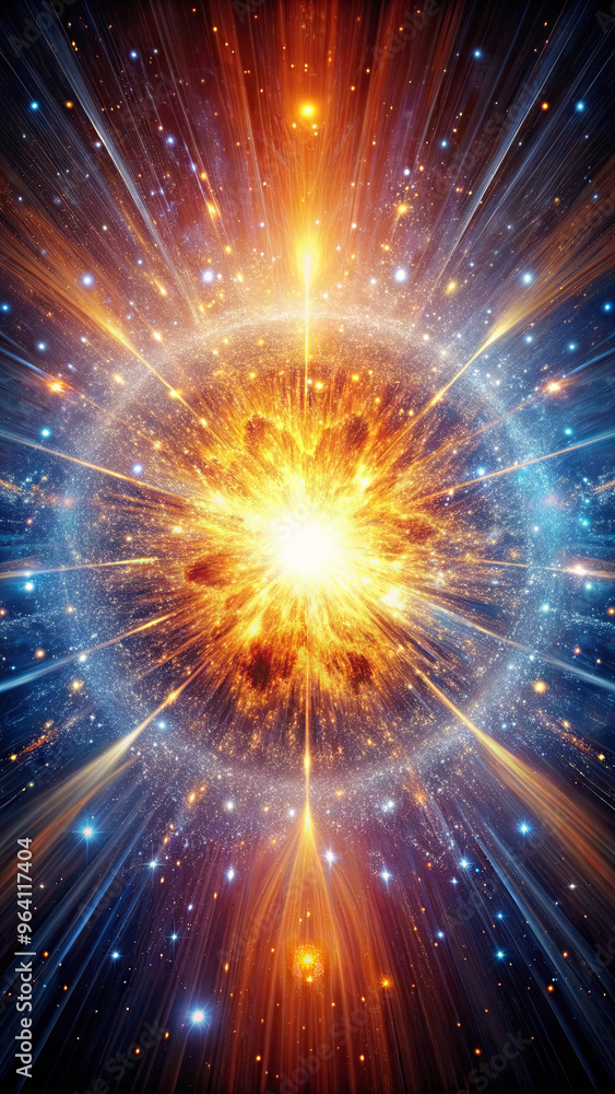A bright, colorful explosion fills the space with radiant hues of orange, blue, and white, depicting the dynamic energy of a cosmic event A bright, colorful explosion fills the space with radiant hues of orange, blue, and white, depicting the dynamic energy of a cosmic event