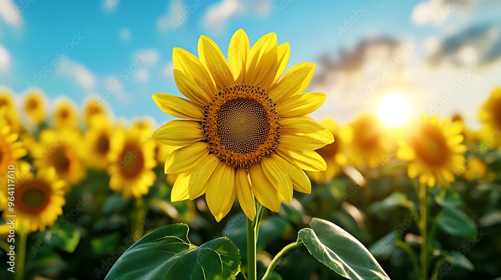 Fototapeta premium A sunflower field bathed in sunlight, with a blue sky and fluffy clouds above.