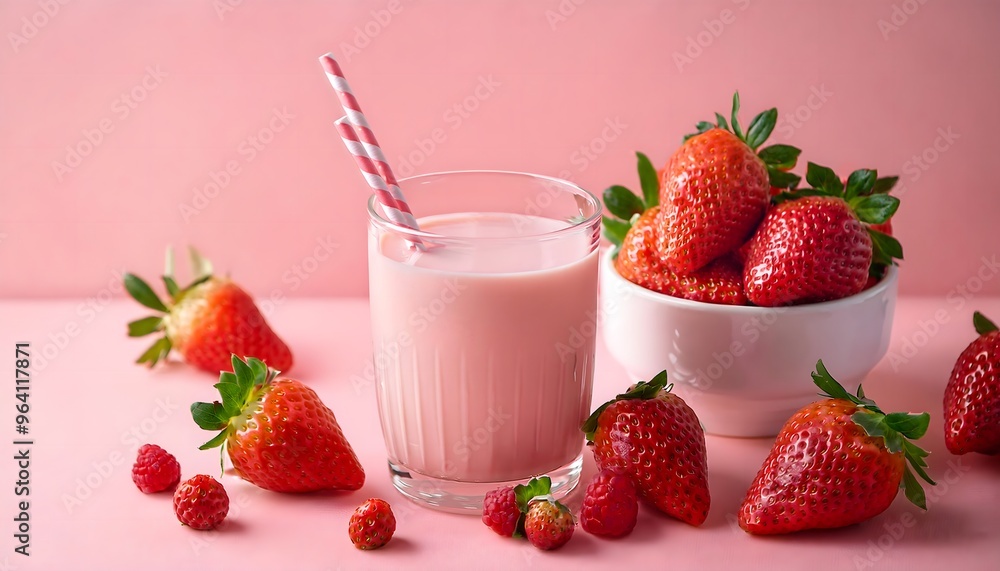 strawberry milk and berries on a pink background; creative concept strawberry milk and berries on a pink background; creative concept