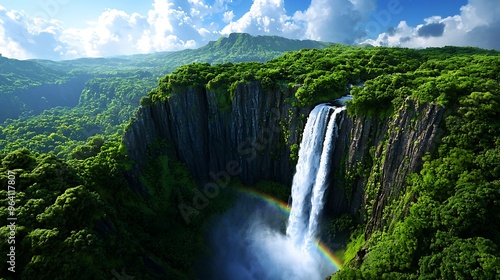 A stunning waterfall with a rainbow arcing through the lush green rainforest.