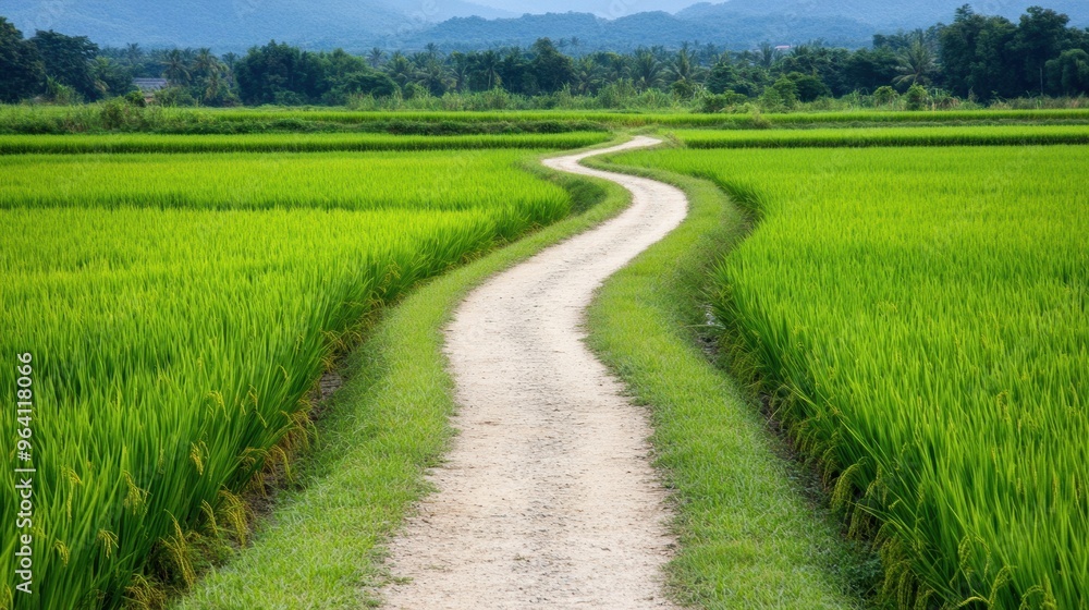 Serene winding path vibrant green rice fields Serene winding path vibrant green rice fields